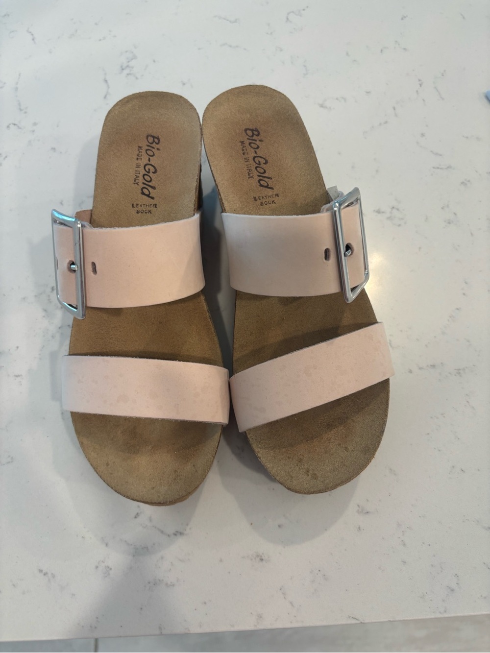 Bio-Gold Women's Pale Pink Double-Strap Slide Sandals with Buckle